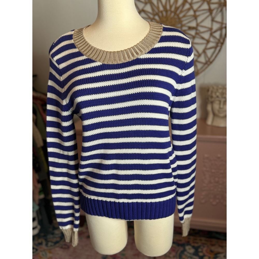 Women's Workshop royal blue and white crew neck sweater with tan trim Size Large